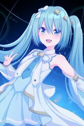  1girl aqua_eyes aqua_hair aqua_nails aqua_necktie aqua_skirt armpits blush bow breasts detached_sleeves dress funtazzy hair_between_eyes hair_bow hair_ornament hatsune_miku highres hiramado_miku kowareta_sekai_to_utaenai_miku long_hair long_sleeves necktie official_alternate_costume official_alternate_hairstyle open_mouth project_sekai skirt sleeveless sleeveless_dress small_breasts smile solo spoilers twintails v very_long_hair vocaloid white_dress x_hair_ornament 