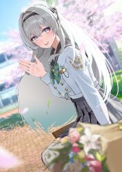  1girl aqua_bow black_bow black_hairband blue_flower blue_hair blue_sky blurry blurry_background blurry_foreground bouquet bow buttons cherry_blossoms chest_bow day firefly_(honkai:_star_rail) firefly_(spring_missive)_(honkai:_star_rail) floral_print flower from_side gradient_hair grass grey_hair grey_skirt hair_between_eyes hair_bow hair_ornament hairband hand_up high-waist_skirt highres honkai:_star_rail honkai_(series) leaf leaf_hair_ornament long_hair long_sleeves looking_afar multicolored_hair official_alternate_costume on_bench open_mouth outdoors petals pink_flower plaid_bow plaid_clothes plaid_skirt puffy_long_sleeves puffy_sleeves purple_eyes sailor_collar school school_uniform serafuku shirt sidelocks sitting skirt sky smile solo stairs thighhighs tokusakusa25 tree white_flower white_shirt white_thighhighs 