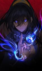  1girl black_hair black_nails blue_eyes breasts closed_mouth fingernails glowing glowing_eyes glowing_symbol hairband long_hair looking_at_viewer original red-d red_background solo upper_body yellow_hairband yin_yang 
