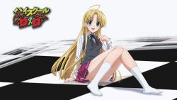 10s 1girl :d ahoge arm_support ascot asia_argento blonde_hair blush body_blush checkered_floor chess_piece copyright_name eyecatch female_focus fingernails floor full_body green_eyes high_school_dxd highres holding knees_together_feet_apart legs long_hair long_image long_sleeves looking_at_viewer no_shoes on_floor open_mouth pawn_(chess) school_uniform screencap shadow shiny_skin simple_background sitting skirt smile socks solo sweater sweater_vest white_background white_socks wide_image rating:Sensitive score:26 user:spiderfan