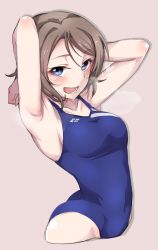 1girl :d armpits arms_behind_back arms_up ass blue_eyes blue_one-piece_swimsuit breasts brown_hair competition_swimsuit covered_navel cropped_legs female_focus half-closed_eyes heavy_breathing highres looking_at_viewer love_live! love_live!_school_idol_project love_live!_sunshine!! medium_breasts one-piece_swimsuit open_mouth short_hair sideboob smile solo swimsuit watanabe_you rating:Sensitive score:16 user:danbooru