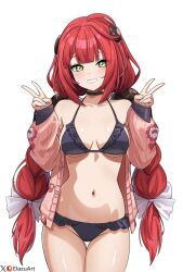  1girl ahoge black_bra black_choker black_panties blush bra braided_twintails breasts cardigan choker cleavage double_v elazu frilled_bra frilled_panties frills green_eyes highres long_hair long_sleeves looking_at_viewer navel no_pants open_cardigan open_clothes panties pink_cardigan red_hair smile solo sphere_hair_ornament twintails ukinami_yuzuha underwear v zenless_zone_zero 