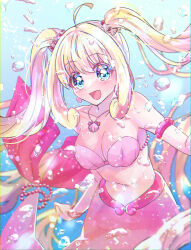  ahoge armlet bare_shoulders bikini bikini_top_only blonde_hair blue_background blue_eyes blush bra breasts bubble cleavage collarbone earrings fins fish_tail hair_ornament highres jewelry koriyukika032 large_breasts looking_at_viewer mermaid mermaid_melody_pichi_pichi_pitch midriff monster_girl nanami_lucia nanami_lucia_(mermaid) navel necklace open_mouth pink_bikini pink_bra seashell shell shell_bikini shell_hair_ornament shell_necklace smile swimsuit tail twintails underwater underwear  rating:Sensitive score:4 user:danbooru
