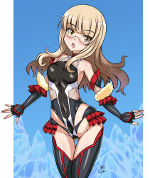  1girl bare_shoulders blonde_hair blush breasts covered_navel cyber_(cyber_knight) elbow_gloves fingerless_gloves glasses gloves ice leotard loli long_hair looking_at_viewer open_mouth perrine_h._clostermann sky small_breasts solo strike_witches thighhighs world_witches_series yellow_eyes 