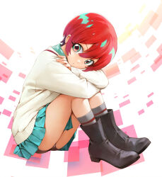 1girl amate_yuzuriha aqua_eyes black_boots black_panties blue_skirt boots cardigan commentary_request crossed_arms expressionless full_body gundam gundam_gquuuuuux hugging_own_legs knees_to_chest knees_up looking_at_viewer miniskirt panties pantyshot pleated_skirt red_hair short_hair skirt socks solo sweater thighs underwear unno_hotaru rating:Sensitive score:13 user:danbooru