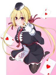  1girl ace_(playing_card) ace_of_hearts arihara_nanami black_capelet black_dress black_hat black_pantyhose blonde_hair blush capelet card closed_mouth commentary dress eyes_visible_through_hair floating_card frilled_dress frills full_body garrison_cap gloves hair_between_eyes hair_ribbon hand_up hat heart highres inward_w long_hair long_sleeves looking_at_viewer low_twintails necktie no_shoes pantyhose pink_background playing_card red_eyes red_necktie red_ribbon ribbon riddle_joker simple_background sitting smile solo sora_umi_ao split_mouth twintails two-tone_background very_long_hair w wariza white_background white_gloves 
