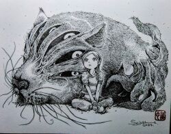  1girl 2024 ballpoint_pen_(medium) black_sclera colored_sclera extra_eyes greyscale highres imamura_seiya indian_style long_hair monochrome monster open_mouth original pants pen_(medium) shirt short_sleeves signature sitting solo traditional_media v_arms whiskers 
