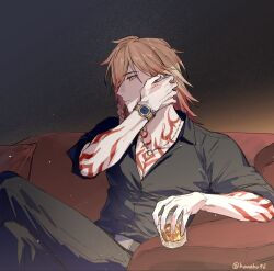  1boy akabane_yu arm_tattoo black_pants black_shirt blonde_hair braid chest_tattoo collared_shirt commentary couch cup drinking_glass facial_tattoo gradient_hair hair_between_eyes highres holding holding_cup honkai:_star_rail honkai_(series) male_focus medium_hair multicolored_hair mydei_(honkai:_star_rail) on_couch pants red_hair red_tattoo shirt side_braid sitting sleeves_rolled_up solo tattoo watch wine_glass wristwatch yellow_eyes 