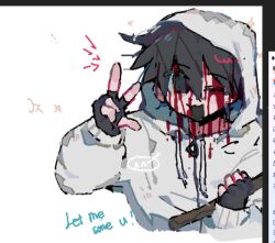  1boy :d black_eyes black_gloves black_hair blood blood_from_forehead blood_on_clothes blood_on_face cry_of_fear english_text fingerless_gloves gesture gloves grey_hoodie grin hand_up holding holding_weapon hood hood_up hoodie male_focus one_eye_closed open_mouth short_hair simon_henriksson_(book) smile solo upper_body weapon xinlv327 