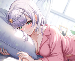  1girl bed_sheet blush braid breasts cleavage closed_mouth collarbone commentary_request day fingernails genshin_impact green_eyes grey_hair hair_ornament holding holding_hands indoors jewelry large_breasts light_smile long_sleeves looking_at_viewer lying no-ba noelle_(genshin_impact) on_side orange_nails out_of_frame pajamas pants picture_frame pillow pink_pajamas pink_pants pink_shirt ring shield_hair_ornament shirt smile solo white_hair window 