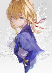  1girl absurdres blonde_hair blue_eyes cropped_arms cropped_torso from_side hair_between_eyes hair_ribbon highres juewang_de_cai looking_at_viewer looking_to_the_side red_ribbon ribbon sample_watermark solo violet_evergarden violet_evergarden_(series) watermark 