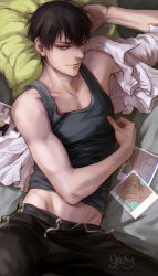  19_tian 1boy 2015 black_hair black_pants blue_eyes blue_tank_top collarbone collared_shirt from_above he_tian highres light_smile looking_at_viewer male_focus midriff_peek pants photo_(object) shirt short_hair signature solo tank_top umary white_shirt 