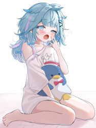  1girl ahoge alternate_costume barefoot blue_eyes blue_hair blush breasts fang hair_flaps highres hololive hololive_dev_is looking_at_viewer medium_hair mizumiya_su multicolored_hair nishi_ao pink_hair shirt sidelocks skin_fang small_breasts solo streaked_hair stuffed_animal stuffed_penguin stuffed_toy tuxedo_sam virtual_youtuber waking_up white_shirt 