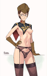 1girl absurdres artist_name black_eyes bow breasts brown_gloves brown_hair brown_panties brown_thighhighs capelet female_focus garter_belt glasses gloves gundam gundam_gquuuuuux hand_on_own_hip hat highres lace lingerie navel nipples no_shirt panties peaked_cap pout riooo1 round_eyewear short_hair simus_al_bakharov small_breasts solo standing thighhighs twitter_username underwear 