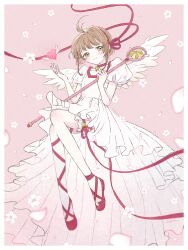  1girl absurdres ahoge artist_name blurry blurry_foreground blush border brown_hair cardcaptor_sakura cherry_blossoms choker closed_mouth collarbone commentary_request dress falling_flower falling_petals feathered_wings floating flower frilled_dress frilled_thigh_strap frills green_eyes hair_intakes hair_ribbon hands_up head_tilt heart high-low_dress highres holding holding_wand hoshi_no_tsue kinomoto_sakura kinomoto_sakura_(princess_costume) knees_up leg_ribbon light_smile looking_at_viewer low_block_heels pendant_choker petals pink_background ppptms puffy_short_sleeves puffy_sleeves red_choker red_ribbon red_shoes ribbon shoes short_hair short_sleeves signature solo split_mouth star_pendant thigh_strap wand watermark watermark_grid white_border white_dress white_flower white_wings winged_heart wings 
