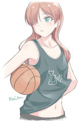  1girl ball basketball_(object) blush brown_hair collarbone green_eyes highres joanna_elizabeth_stafford kuni-kun long_hair luminous_witches navel simple_background solo white_background world_witches_series  rating:Sensitive score:1 user:tanaab1234567890
