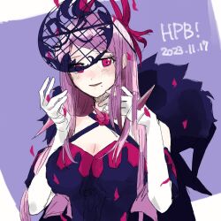  1girl 2023 breasts cleavage cleavage_cutout clothing_cutout dated dress elbow_gloves fascinator female_focus fire_emblem fire_emblem_engage fur_trim gloves happy_birthday highres ivy_(fire_emblem) k2aor large_breasts long_hair made_in_2023 medium_breasts mole mole_under_mouth nintendo open_mouth purple_eyes purple_hair smile solo upper_body white_gloves 