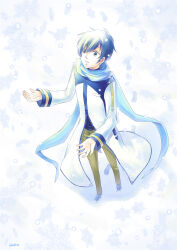  1boy black_shirt blue_scarf blue_shoes brown_pants coat commentary_request crodire full_body highres kaito_(vocaloid) male_focus pants parted_lips scarf shirt shoes short_hair snow snowflakes snowing solo standing vocaloid white_background white_coat 