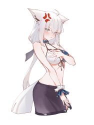  1girl absurdres anger_vein animal_ear_fluff animal_ears bare_arms bare_shoulders bikini bikini_top_only black_skirt blue_bikini blue_eyes blush closed_mouth covering_breasts covering_privates fox_ears fox_girl fox_tail highres hololive hyde_(tabakko) multicolored_bikini navel shirakami_fubuki skirt solo swimsuit tail white_bikini 