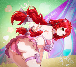  1girl ahoge ass ass_focus bare_shoulders bikini blush bow braid breasts cameltoe come_hither from_behind green_eyes grin hair_bow leaning leaning_forward long_hair looking_at_viewer looking_back miniskirt naughty_face parted_lips red_hair skirt smile solo swimsuit twin_braids ukinami_yuzuha very_long_hair yuki0_art zenless_zone_zero  rating:Sensitive score:1 user:armorcrystal