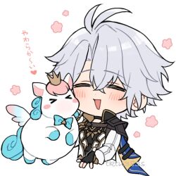  &gt;_&lt; 1boy animal_ears antenna_hair armor artist_name black_choker black_gloves blue_bow blue_bowtie blue_cape blush blush_stickers bow bowtie cape choker closed_eyes crossed_bangs crown fingerless_gloves flower flying gloves grey_hair hair_between_eyes heart highres honkai:_star_rail honkai_(series) horse_ears horse_tail jacket little_ica_(honkai:_star_rail) long_sleeves open_mouth pegasus_wings phainon_(honkai:_star_rail) pink_flower short_hair shoulder_armor simple_background smile tail tofu_(bean359) two-sided_cape two-sided_fabric upper_body white_background white_jacket wings yellow_cape 