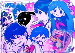  1boy 1girl :3 ^_^ alternate_hair_color animal animalization apple arms_behind_back arrow_(projectile) arrow_through_heart ba_wu90665 banana black_cat blue_eyes blue_hair blue_sweater_vest blush bright_pupils candy cat checkered_background chibi chibi_inset chinese_commentary clenched_teeth closed_eyes closed_mouth collared_shirt colored_skin commentary_request double-parted_bangs fingernails flying_sweatdrops food fruit grapes hair_behind_ear hair_between_eyes hand_up heart hero_(headspace)_(omori) hero_(omori) highres inset_border long_hair looking_at_another looking_at_viewer mari_(headspace)_(omori) mari_(omori) mewo multiple_views neckerchief neon_palette omori outline person_and_animalization photo_(object) picnic_basket picnic_blanket pink_background pink_neckerchief profile shirt short_hair short_sleeves simple_background smile something_(omori) sparkle straight_hair sweatdrop sweater_vest teeth two-tone_background white_background white_eyes white_outline white_pupils white_shirt white_skin wrapped_candy 