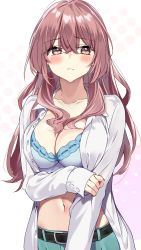 1girl :i blouse blush bra breasts cleavage collarbone furrowed_brow green_pants highres holding_own_arm inui_shinju kikurage_tom. large_breasts long_hair looking_away navel open_clothes open_shirt pants patterned_background pink_hair shirt solo sono_bisque_doll_wa_koi_wo_suru underwear upper_body white_shirt rating:Questionable score:86 user:danbooru