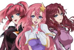  3girls agnes_giebenrath blue_eyes breasts flay_allster gloves gundam gundam_seed gundam_seed_destiny gundam_seed_freedom hair_ornament kitsuyuu26 kuwashima_houko large_breasts lipstick long_hair looking_at_viewer makeup meer_campbell military military_uniform multiple_girls open_mouth pink_hair red_hair smile star_(symbol) star_hair_ornament twintails upper_body voice_actor_connection 