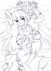  1girl 2000s_(style) arms_up breasts breasts_out commentary_request garter_straps large_breasts long_hair looking_at_viewer lying nipples on_back open_mouth priest_(ragnarok_online) ragnarok_online raised_inner_eyebrows solo thighhighs uzuki_sakura_(mmys534) 