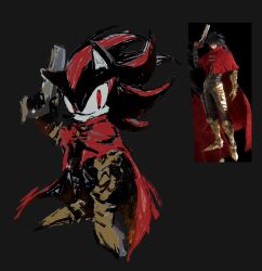  2boys armor black_background black_fur black_gloves black_pants boots clawed_gauntlets cloak cosplay final_fantasy final_fantasy_vii final_fantasy_vii_rebirth final_fantasy_vii_remake frown full_body furry furry_male gloves gold_armor gold_boots gun hedgehog_boy highres holding holding_gun holding_weapon looking_at_viewer male_focus multiple_boys neku_646611 pants red_cloak red_eyes red_fur reference_inset shadow_the_hedgehog sonic_(series) standing two-tone_fur vincent_valentine vincent_valentine_(cosplay) weapon 