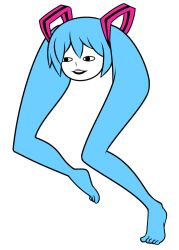  1girl barefoot blue_hair colored_skin commentary_request flat_color hair_ornament hatsune_miku legs no_humans open_mouth revision ryusei_(ryusei_b) shiteyan&#039;yo simple_background solo transparent_background twintails vocaloid what white_skin 