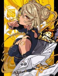  1boy 1girl bare_shoulders black_nails blonde_hair blue_dress blue_sleeves body_markings braid brown_hair china_dress chinese_clothes cleavage_cutout clothing_cutout crossover cut-in dark-skinned_female dark_skin detached_sleeves double_bun dress earrings fang from_side hair_bun hair_ornament highres jacket jamie_siu jewelry kaminari_qpi kaminari_qpi_(4th_costume) multicolored_hair off_shoulder orange_eyes pokimari single_bang single_braid skin_fang streaked_hair street_fighter street_fighter_6 tassel tassel_earrings turtleneck turtleneck_dress undercut upper_body virtual_youtuber vspo! white_jacket 