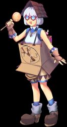  1girl alarm_(ragnarok_online) alarm_(ragnarok_online)_(cosplay) angeling blue-tinted_eyewear blue_shirt blue_socks boots brown_boots brown_gloves brown_shorts candy cardboard_box_gundam chorvaqueen commentary cosplay cross cross_necklace english_commentary fingerless_gloves food full_body glasses gloves jewelry lollipop necklace opaque_glasses open_mouth ragnarok_online red-framed_eyewear shirt shorts simple_background sleeveless sleeveless_shirt smile socks solo standing super_novice_(ragnarok_online) swirl_lollipop tinted_eyewear transparent_background turtleneck turtleneck_shirt two-tone_shirt white_hair white_shirt 