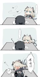 ... 1girl 1other animal_ears arknights black_choker black_jacket black_ribbon blue_eyes breasts bug cat_ears cat_tail chinese_commentary choker commentary_request dress fang fly frown hair_ribbon highres hood hood_up infection_monitor_(arknights) insect jacket long_hair long_sleeves looking_at_viewer mabing mint_(arknights) motion_lines open_clothes open_jacket paper ribbon short_dress silver_hair sleeping small_breasts solo speech_bubble table tail tail_wagging translation_request v-shaped_eyebrows white_dress zzz rating:Sensitive score:10 user:danbooru