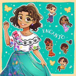  2boys 4girls afro antonio_madrigal arepa brown_eyes brown_hair camilo_madrigal colombian_clothes curly_hair dark-skinned_female dark_skin dolores_madrigal earrings encanto glasses green-framed_eyewear highres isabela_madrigal jewelry looking_at_viewer luisa_madrigal mirabel_madrigal multiple_boys multiple_girls pom_pom_(clothes) pom_pom_earrings poncho round_eyewear shirt short_hair simple_background skirt smile user_kenc3232 yellow_poncho 