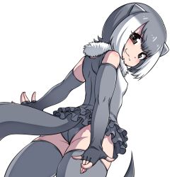  10s 1girl :3 animal_ears arms_at_sides ass back bare_shoulders black_eyes closed_mouth covered_erect_nipples cowboy_shot dutch_angle elbow_gloves female_focus fingerless_gloves frilled_swimsuit frills from_behind fur_collar gloves grey_gloves grey_hair grey_thighhighs hanya_(hanya_yashiki) kemono_friends looking_at_viewer looking_back multicolored_hair otter_ears otter_tail outstretched_arms short_hair simple_background skindentation small-clawed_otter_(kemono_friends) smile solo standing swimsuit tail thighhighs two-tone_hair v-shaped_eyebrows white_background white_hair  rating:Sensitive score:15 user:danbooru