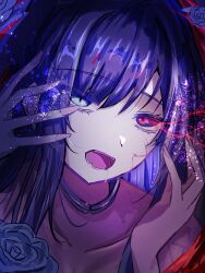  1girl ado_(utaite) blue_eyes blue_hair chando_(ado) commentary eye_trail fangs hands_up highres light_particles light_trail long_hair looking_at_viewer megu_(9abgoluanvcjd7o) open_mouth red_eyes solo unravel_(song) upper_body utaite 