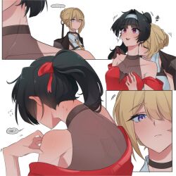  ... 2girls astra_yao black_choker black_gloves black_hair blonde_hair blush choker closed_mouth collarbone commentary_request covered_collarbone dress ear_blush evelyn_chevalier gloves hair_bun hair_intakes hair_over_one_eye hairband hand_on_another&#039;s_shoulder hickey highres kiss kissing_neck korean_commentary korean_text long_hair mizmizu27 mole mole_under_eye multiple_girls neck_blush off-shoulder_dress off_shoulder open_mouth ponytail purple_eyes red_dress red_eyes shirt simple_background smile speech_bubble spoken_ellipsis sweatdrop translated white_background white_hairband white_shirt yuri zenless_zone_zero 