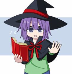  1boy :o blush book cape child hat kobayashi-san_chi_no_maidragon looking_at_viewer magatsuchi_shouta nervous open_mouth purple_eyes purple_hair simple_background standing witch_hat  rating:General score:4 user:Flamingo123