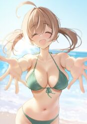  1girl ^_^ absurdres ahoge alternate_costume beach bikini black_hair breasts brown_hair cleavage closed_eyes commentary day english_commentary facing_viewer front-tie_bikini_top front-tie_top green_bikini hair_intakes halterneck highres hololive hololive_english large_breasts multicolored_hair nanashi_mumei navel open_mouth outdoors outstretched_arms prab reaching smile solo stomach straight-on streaked_hair swept_bangs swimsuit twintails virtual_youtuber white_hair 