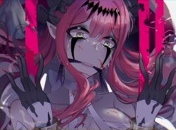  1girl artist_name baobhan_sith_(fate) baobhan_sith_(third_ascension)_(fate) blood blood_on_face cleave_gag cloth_gag commentary cross-laced_clothes cross-laced_dress crying crying_with_eyes_open dress english_commentary facial_mark fate/grand_order fate_(series) frilled_hat frills gag gagged grey_eyes hat highres improvised_gag long_hair looking_at_self pink_hair pointy_ears sharp_teeth solo tears teeth trashochist twitter_username white_dress 