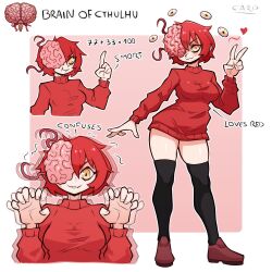  1girl :3 afterimage bath black_thighhighs brain brain_of_cthulhu breasts brown_shoes carpinchor123 closed_mouth commentary disembodied_eye english_commentary full_body heart highres loafers looking_at_viewer medium_breasts multiple_views no_pants personification pink_background red_hair red_sweater shoes short_hair smile sweater terraria thighhighs two-tone_background v yellow_eyes 