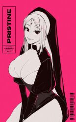  1girl arms_between_legs barcode between_legs breasts character_name cleavage closed_mouth clothing_cutout dress facial_mark forehead_mark greyscale_with_colored_background hand_between_legs highres juliet_sleeves large_breasts lips long_hair long_sleeves looking_at_viewer monochrome nun original parted_bangs pink_background puffy_long_sleeves puffy_sleeves side_slit simple_background sitting smile solo thighs v_arms zyllypepper 