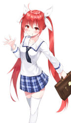 1girl absurdres ahoge bag black_necktie blush bow breasts candy collarbone date_a_live food highres holding holding_suitcase itsuka_kotori long_sleeves necktie no_ho plaid_clothes plaid_skirt red_eyes red_hair school_uniform skirt small_breasts suitcase thighhighs twintails white_background white_bow white_thighhighs zettai_ryouiki rating:General score:7 user:danbooru