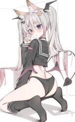  1girl absurdres animal_ear_fluff animal_ears ass black_choker black_panties black_sailor_collar black_shirt black_socks black_tail choker commentary commission demon_girl demon_tail demon_wings from_behind gradient_hair grey_hair hair_ornament hairclip head_wings heart heart_hair_ornament heterochromia highres kneehighs long_hair long_sleeves looking_at_viewer multicolored_hair no_pants no_shoes panties parted_lips pink_hair purple_eyes purple_wings red_eyes sailor_collar sailor_shirt scarlet_(wv0102) shirt socks solo star_(symbol) star_hair_ornament tail twintails underwear wings 