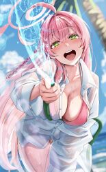  1girl absurdres ahoge bad_id bad_pixiv_id beach bikini blue_archive blue_sky blurry blurry_background blush braid breasts bright_pupils cleavage cloud collarbone collared_shirt commentary_request cowboy_shot crossed_bangs day depth_of_field dress_shirt dutch_angle foreshortening green_eyes hair_between_eyes hair_intakes hanako_(blue_archive) hanako_(swimsuit)_(blue_archive) highres holding holding_hose hose huge_ahoge large_breasts leaning_forward long_bangs long_hair long_sleeves looking_at_viewer ocean open_mouth outdoors outstretched_arm palm_tree partially_unbuttoned pink_bikini see-through_clothes see-through_shirt shirt side_braid sky smile solo sparkle standing sunlight swimsuit teeth tongue tree upper_teeth_only very_long_hair water water_drop waves wet wet_clothes wet_shirt white_pupils white_shirt yami_anko 