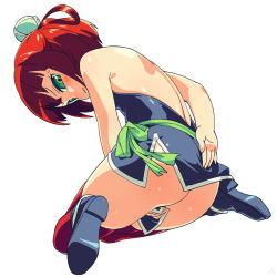  1girl ass backless_outfit batsu_(takuan_to_batsu_no_nichijou_enmachou) blush covering_crotch covering_privates embarrassed female_focus full_body green_eyes hair_rings loli looking_back no_panties om_(nk2007) red_hair red_thighhighs short_hair simple_background solo takuan_to_batsu_no_nichijou_enmachou thighhighs white_background  rating:Questionable score:79 user:danbooru