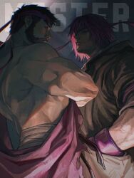  2boys bandages beard beard_stubble brown_coat brown_eyes coat commentary cowboy_shot crossed_arms english_commentary facial_hair gloves hand_in_pocket headband highres ken_masters looking_at_viewer male_focus marumaru1902 midriff_sarashi multiple_boys muscular muscular_male official_alternate_color official_alternate_eye_color official_alternate_hair_color pink_eyes pink_gloves pink_hair pink_headband pink_sash ryu_(street_fighter) sarashi sash standing street_fighter street_fighter_6 stubble thick_eyebrows topless_male veins veiny_arms 