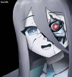 1girl :d absurdres android aris_(blue_archive) black_background black_hair blue_archive blue_eyes blue_necktie broken collared_shirt commentary glowing glowing_eye hair_between_eyes highres jacket kai_xin long_hair looking_at_viewer necktie one_side_up open_clothes open_jacket open_mouth portrait shirt sidelocks simple_background smile solo t-800 terminator_(series) the_terminator white_shirt 