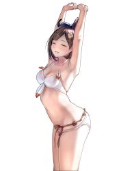  1girl absurdres armpits arms_up atelier_(series) atelier_ryza bikini blush breasts brown_hair cleavage closed_eyes collarbone emutsuichi hair_ornament hairclip hat highres jewelry medium_breasts navel open_mouth reisalin_stout short_hair simple_background smile solo stomach stretching swimsuit teeth thighs white_background white_bikini 